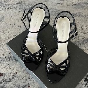 Via Spiga size 8 black patent strappy sandal with 4 1/2 inch heel